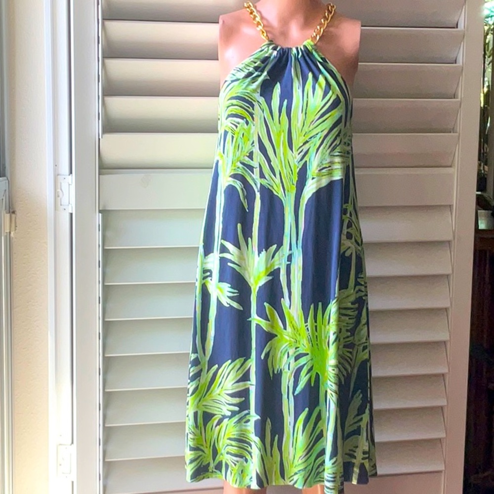 LILLY PULITZER GOLD CHAIN HALTER DRESS 100% SILK JERSEY XS